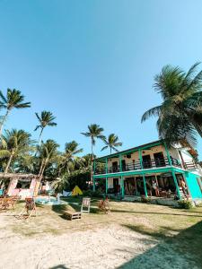 卡姆布库Indiana Kite school and Hostel的海滩上的蓝色建筑,种有棕榈树