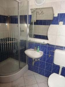 伊格拉恩Centralni B4的蓝色和白色的浴室设有水槽和淋浴