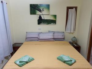 伊瓜苏港Cabañas Selva Verde的床上有两张绿色枕头