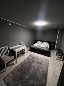 博尔塞克Casa de vacanță Cheșa的卧室配有一张床和一张桌子及椅子