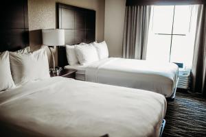 国际瀑布城Cobblestone Hotel & Suites International Falls的酒店客房设有两张床和窗户。