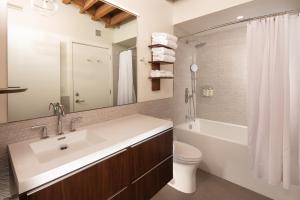 阿什维尔Elevation Lofts Hotel的一间带水槽、卫生间和镜子的浴室