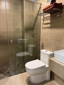 珍南海滩Aneeda Inn的一间带卫生间和玻璃淋浴间的浴室