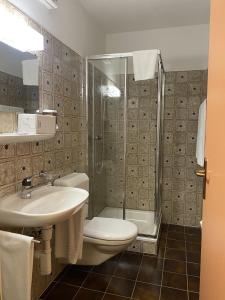 Roveredo车站旅馆的一间带水槽、卫生间和淋浴的浴室