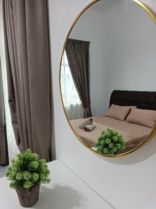 PendangAila Homestay Pendang的桌子上的镜子,有一张床和两株植物