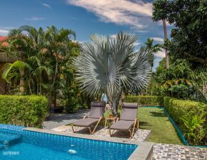 象岛Filou Studio Butterfly Pool Access 29 66的一个带两把椅子和棕榈树的度假游泳池