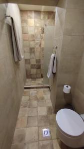 特里卡拉Lumen 1-bedroom apartment in the heart of Trikala的一间铺有瓷砖地板的小浴室,设有卫生间。