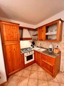 塔尔维西奥Stella Alpina的厨房配有木制橱柜和炉灶烤箱。