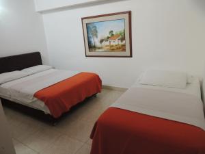 OcañaHotel Real的墙上画画的房间里设有两张床