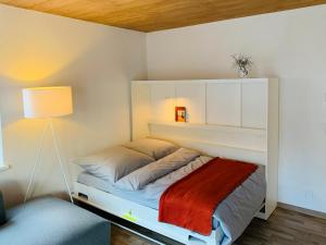 米特尔贝格Dorf(er)leben Ferienwohnung im Kleinwalsertal的一间卧室配有一张带白色床头板和灯的床