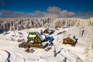 斯塔雷梅斯托Horský hotel Paprsek的雪中滑雪小屋的空中景致