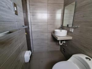 万卡约Hotel Rey的一间带水槽、卫生间和镜子的浴室