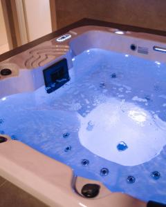 奥西耶克Luxury wellness apartment SHA的浴室内装有蓝色水的按摩浴缸