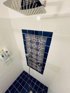 OvnatBeautiful Dead Sea Unit的浴室设有蓝色和白色瓷砖淋浴。