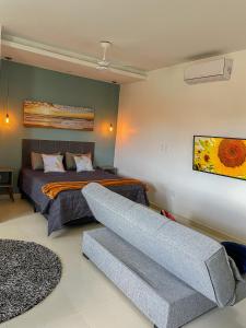 伊塔尼亚恩Mangata Loft - Requinte e Conforto para Lazer ou Trabalho的一间卧室配有一张床和一张沙发