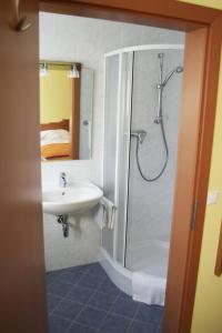 利博赫Hotel Highway - Bed & Breakfast的带淋浴和盥洗盆的浴室