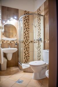 布达佩斯Manzard Panzio的浴室配有卫生间、淋浴和盥洗盆。