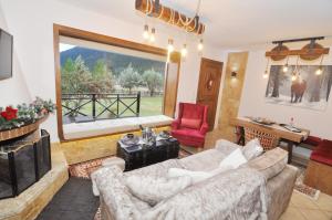 阿拉霍瓦Parnassos Chalets的带沙发和大窗户的客厅
