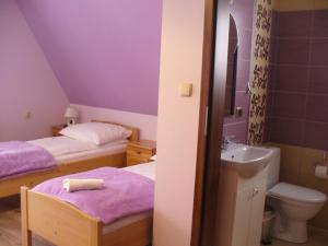 布科维纳-塔钱斯卡Willa Floryn的小型浴室设有两张床和盥洗盆