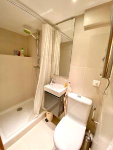 谷雪维尔Chalet Greuffa的浴室配有卫生间、盥洗盆和淋浴。
