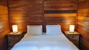 蒙特韦尔迪Chalé Arado 313的一间卧室配有一张带两张台灯的床铺。