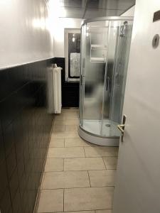 纽伦堡Hostel Sofia的浴室设有玻璃淋浴间,铺有瓷砖地板。