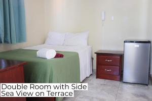 圣多明各Hotel Enrique II Zona Colonial, Bed and Breakfast的一间卧室配有一张带绿毯的床和一台冰箱