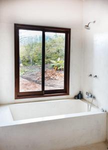 伦索伊斯Casa AMAR Piscinas Naturais的带浴缸的浴室和窗户