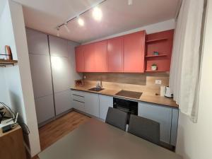 GjakoveRita Apartment的一个带红色橱柜和水槽的小厨房