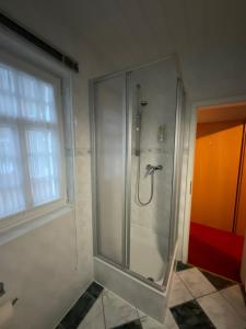 奥伯霍夫Gaststätte & Pension Waldschlösschen的带窗户的浴室内的淋浴间
