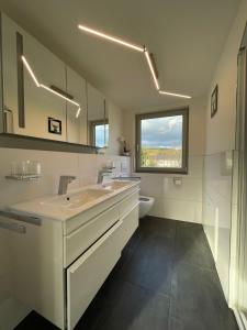 巴特诺因阿尔-阿尔韦勒Exklusive Wohnung mit Ahrblick 1 und Dachterrasse的一间带水槽和卫生间的浴室以及窗户。