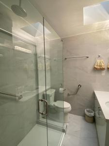 伯纳比Serenity的一间带卫生间和玻璃淋浴间的浴室