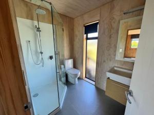 特卡波湖Wayfarers Lodge的带淋浴、卫生间和盥洗盆的浴室
