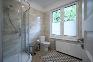 尤尔马拉Alve Apart Hotel的带淋浴和卫生间的浴室以及窗户。