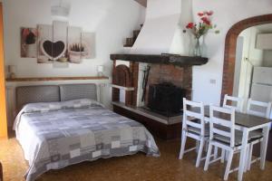 卡斯泰尔诺沃马格拉Fattoria Cristina - Mono的一间卧室配有一张床、一张桌子和一个壁炉
