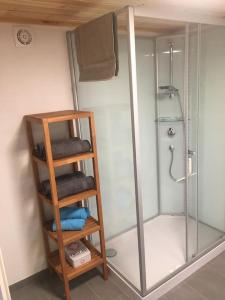 SalgeschLa Maisonnette : charmante maison indépendante的带淋浴的浴室以及带毛巾的木制架子。
