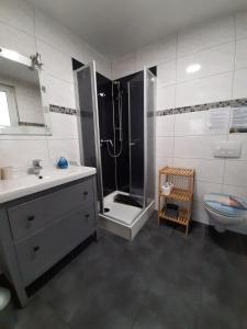 塞巴特阿尔贝克Inseltraum的带淋浴、盥洗盆和卫生间的浴室