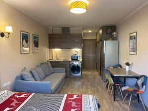 古多里New Gudauri Alpen Apartments的带沙发的小客厅和厨房