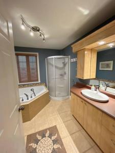 魁北克市Sweetwater House的带淋浴、盥洗盆和浴缸的浴室