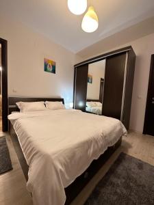 奥托佩尼Apartament Otopeni的卧室配有一张大白床和大镜子