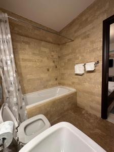 奥托佩尼Apartament Otopeni的带浴缸和卫生间的浴室。