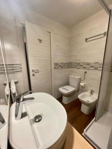 圣马蒂诺-迪卡斯特罗扎Hotel Villa Aurora的一间带水槽、卫生间和淋浴的浴室