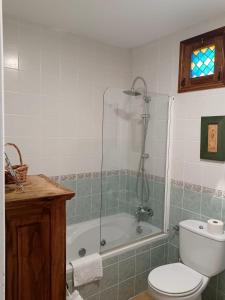绍塞列Casa rural Las Peñas的带淋浴、卫生间和浴缸的浴室