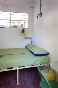 蒙得维的亚Youki Haus Hostel的一张位于房间的床,上面有绿色枕头
