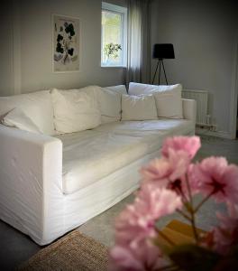 BurgsvikGåsen Out的客厅里白色的沙发,配以粉红色的鲜花