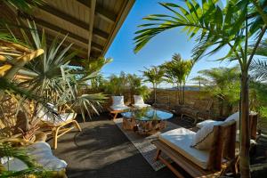 蒙托克蒙托克海滨别墅酒店的一个带椅子和桌子的庭院,并种植了棕榈树