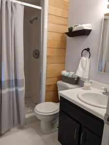 威尔明顿Wilmington Family Vacation Home的浴室配有卫生间、淋浴和盥洗盆。