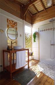 圣安尼Country Lodge La Pléiade的浴室设有桌子和墙上的镜子