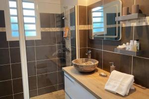 马里戈特Sunset Lodge SXM - T2, cosy, piscine, vue lagon & bons plans的一间带一个碗水槽和淋浴的浴室