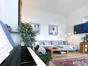 图尔奈Appartement spacieux & calme avec vue sur l'Escaut的客厅配有钢琴和沙发